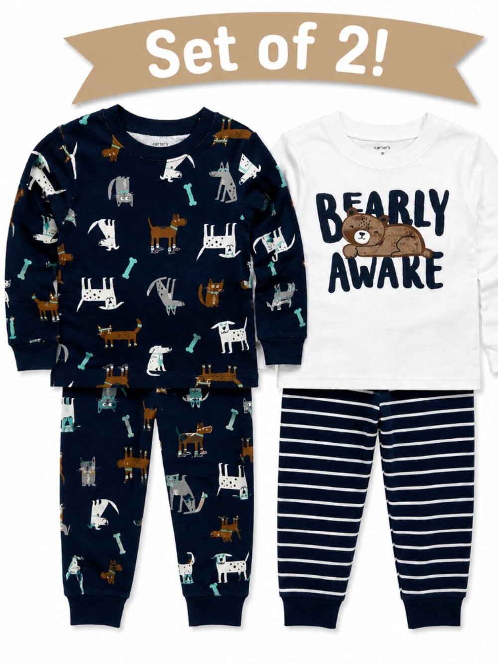 NWT Carter's Toddler Boy Pajamas Set of 2 Size 3T Bearly Awake Dog Print PJ Sets